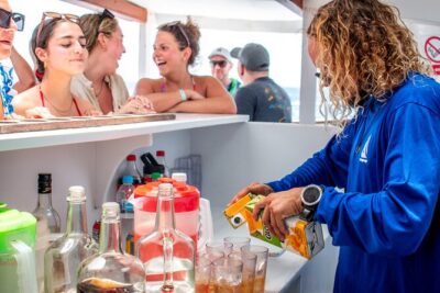 Arusun Catamaran Sail with Snorkeling in Aruba - The deck game plan: shade, sun, and net loungers