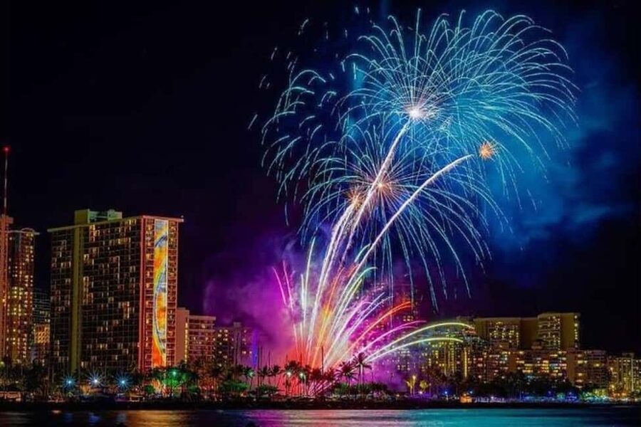 Board from Waikiki Beach: Friday Night Fireworks sail - Watching the Fireworks From Water-Level Perspective