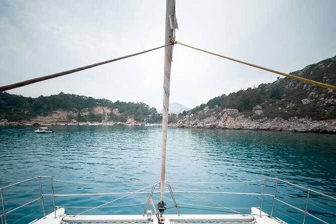 Catamaran Cruises Rhodes - 6 Hours Day Cruise ALL INCLUSIVE - The onboard setup: shade, space, and how getting in and out works