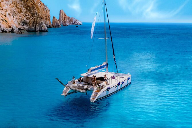 Catamaran Full-Day of Milos and Poliegos With Lunch & BBQ - Galazia Nera on Poliegos: the Blue Lagoon bay worth the long day