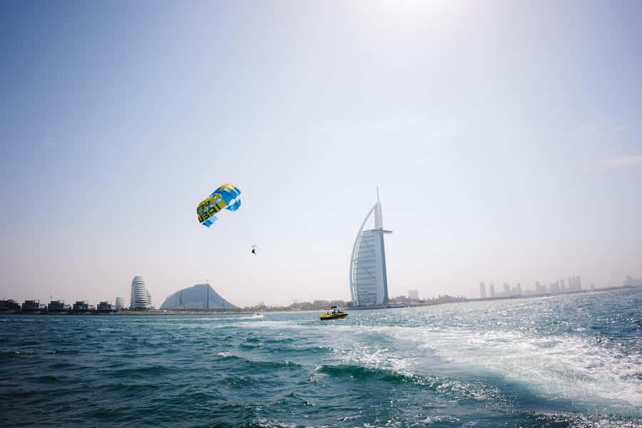 Dubai: Burj Al Arab Parasailing, Ice Cream, Pics, and Videos - Your 10-Minute Flight: 50m Up Near Burj Al Arab (Wind Decides the Backdrop)