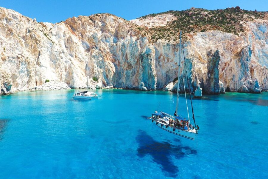 From Adamas: Milos and Poliegos Catamaran Cruise with Lunch - A 9.5-Hour Day Loop Through Milos and Poliegos