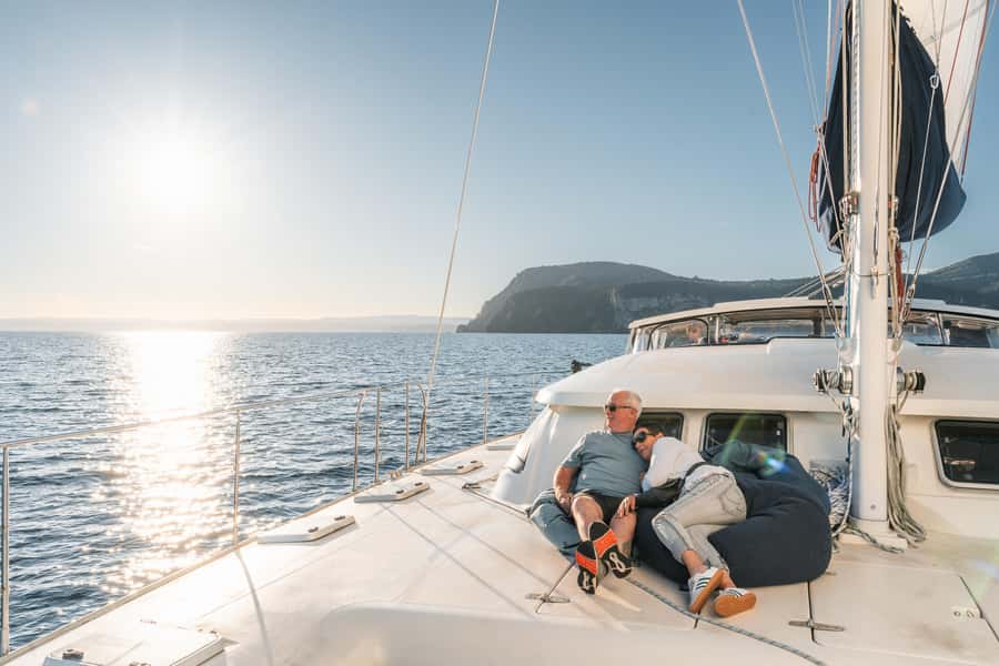 Lake Taupo: Luxury Sailing Catamaran to Māori Rock Carvings - The swim stop in Lake Taupo: a quick cool-down with the right gear