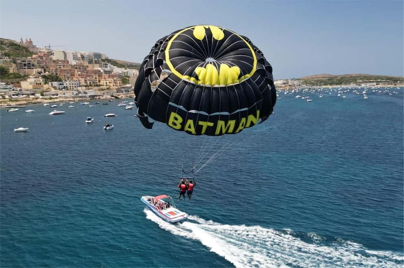 Mellieha Bay: Parasailing - Mellieha Bay Up Above: Comino and Gozo on the Horizon