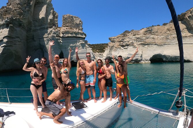 Milos caves snorkelling Catamaran Cruise in a small group - Kalogries Beach swim stop: 30 minutes, snorkel time, and breakfast