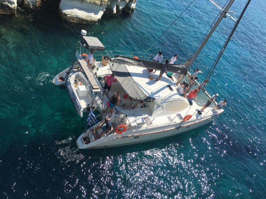 Milos: Full-Day Catamaran Cruise to Poliegos and Kleftiko - Kalogries Bay (Cape Vani): your first swim from the catamaran