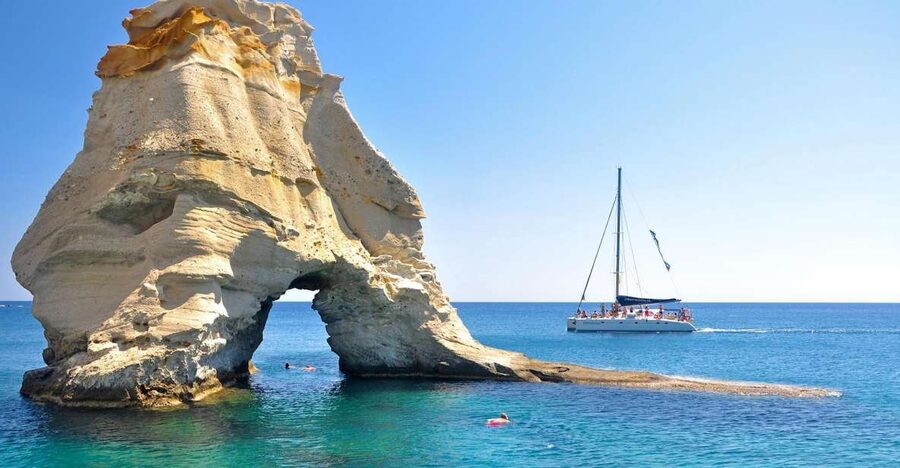 Milos: Full-Day Catamaran Cruise to Poliegos and Kleftiko - Gerakas Beach, thermal springs, and the sulfur mines detour