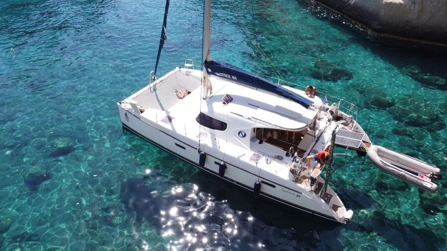 Milos: Full day Milos and Poliegos Catamaran Cruise - Gerakas Beach and natural hot-spring waters plus a Greek lunch onboard