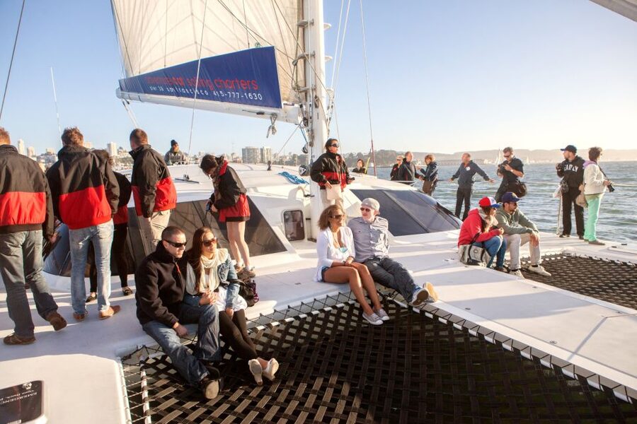 San Francisco Bay Sunset Cruise by Luxury Catamaran - Onboard Comfort: 360° Views, Trampoline Nets, and Borrowed Jackets