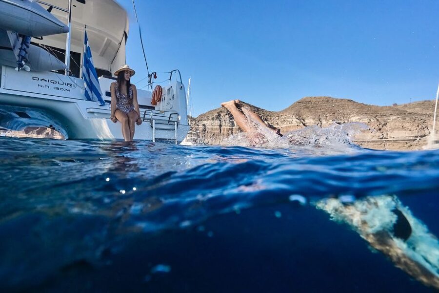 Santorini: Caldera Luxury Catamaran Cruise w/ Meal & Drinks - Past the Indian Face and into Nea Kameni’s volcanic waters