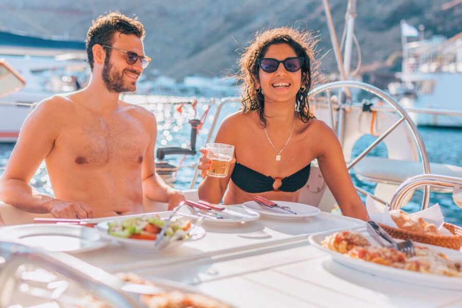 Santorini Caldera: Sunset Sailing Cruise with Meal - Food, wine, and the real point of a sunset dinner