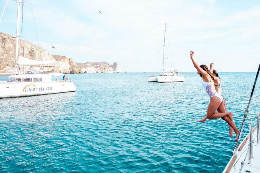 Santorini: Catamaran Tour with BBQ Meal and Unlimited Drinks - White Beach + BBQ: where the tour becomes a real meal