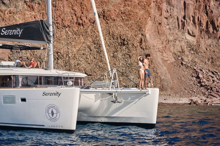 Santorini: Day Luxury Catamaran Cruise with Meal & Drinks - Old Harbor of Fira photo stop and the Armeni Bay beat
