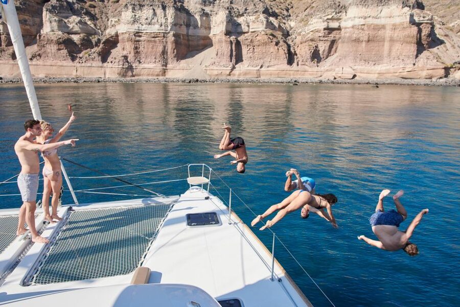 Santorini Gold Catamaran Cruise with Snorkel, BBQ & Open Bar - Volcano hot springs: the warm soak with real-world sulfur