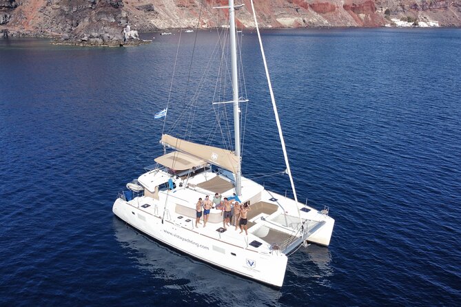 Santorini Platinum Catamaran Cruise with Meal, BBQ and Open Bar - Stop 4: Thirassia Island (Your Food and Swim Main Event)