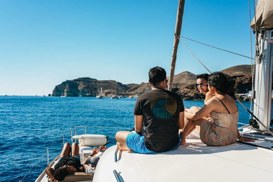 Santorini: Sailing Catamaran Cruise with BBQ and Drinks - Mesa Pigádia: snorkeling time plus the main BBQ meal